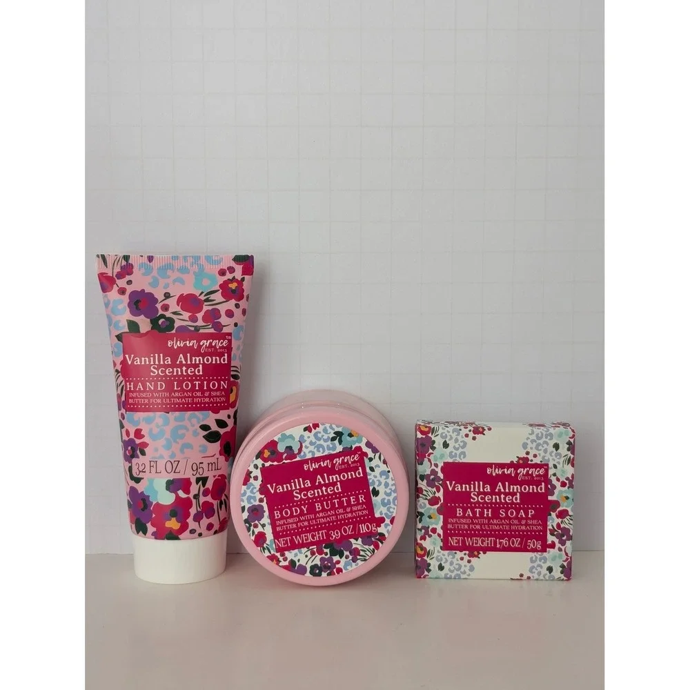Olivia Grace Vanilla Almond Scented‎ 3pc Set Body Butter Hand Lotion Bath Soap